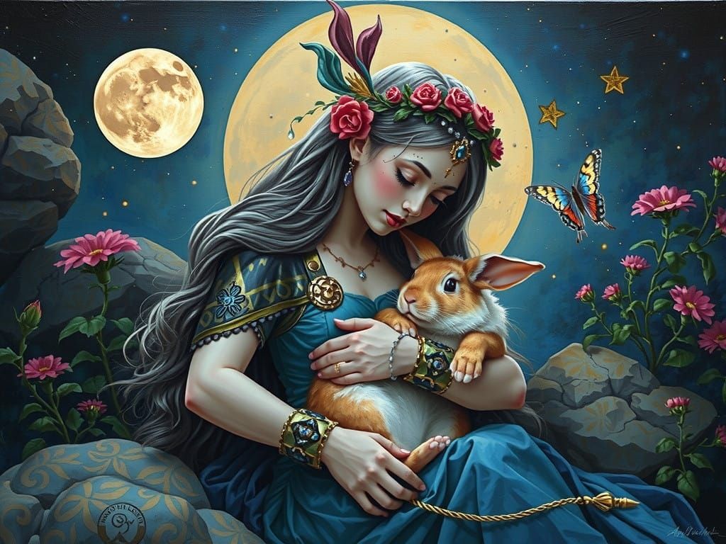 Sapphire Warrior Princess Cuddles a Luminous Rabbit under th...