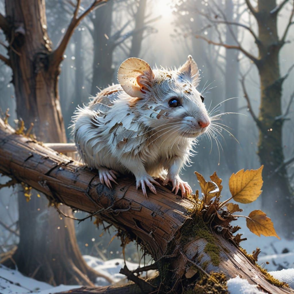 Luminous Mouse in Snowy Forest, Pre-Raphaelite Style