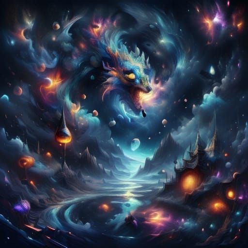 Abstract Dragon with Fractal Scales in Vibrant Blues and Pur...