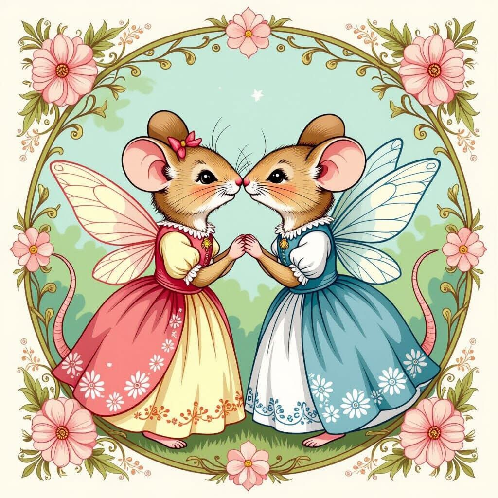 Mice Kiss in Art Nouveau Floral Design