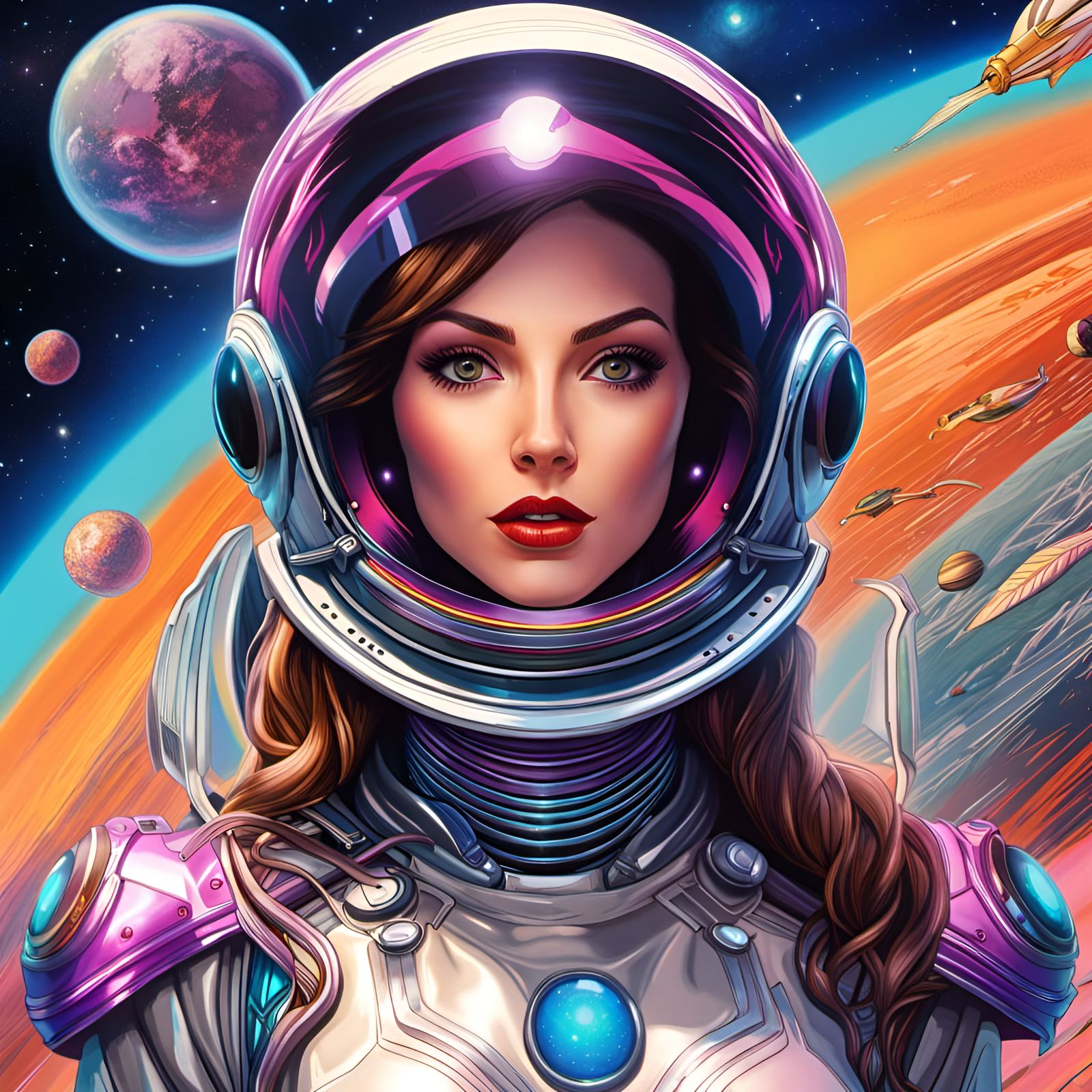 Elegant Woman in Space Helmet, Vaporwave Style