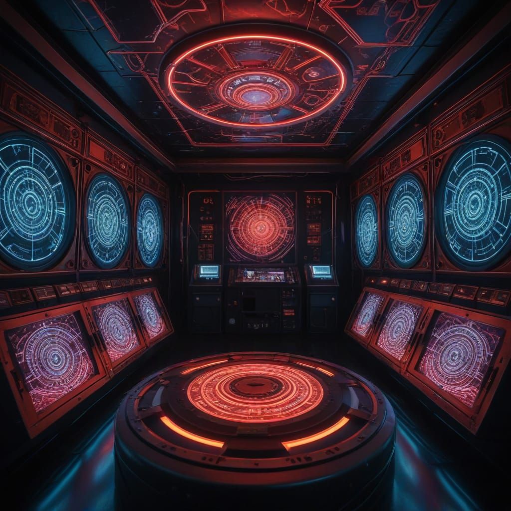 Surreal Cosmic Control Room in Vibrant Artistic Style