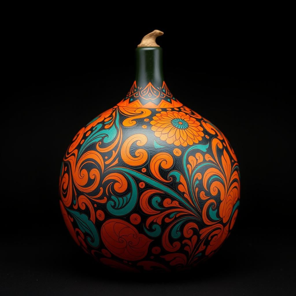 Ornate Bottle Gourd in Vibrant Folk Art Style