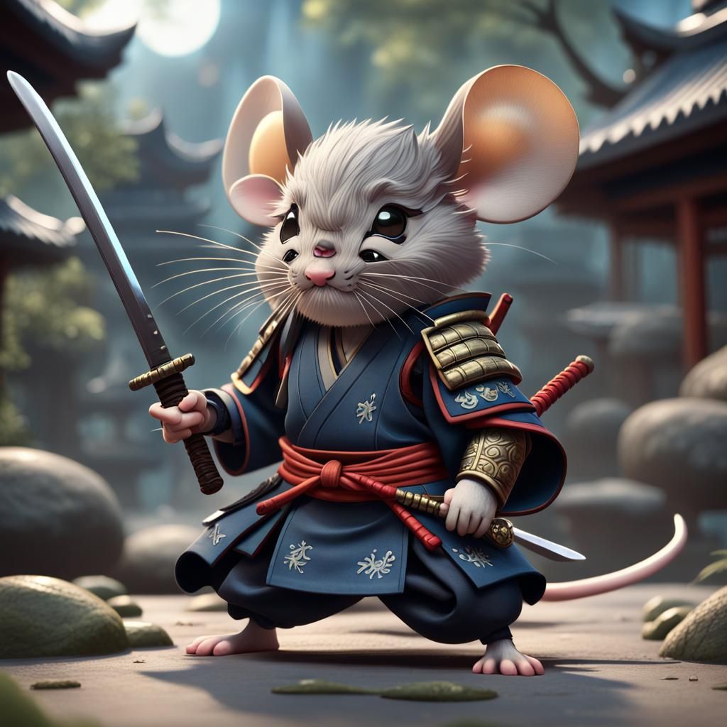 chibi-style mouse dressed as a samurai, wielding a tiny swor...
