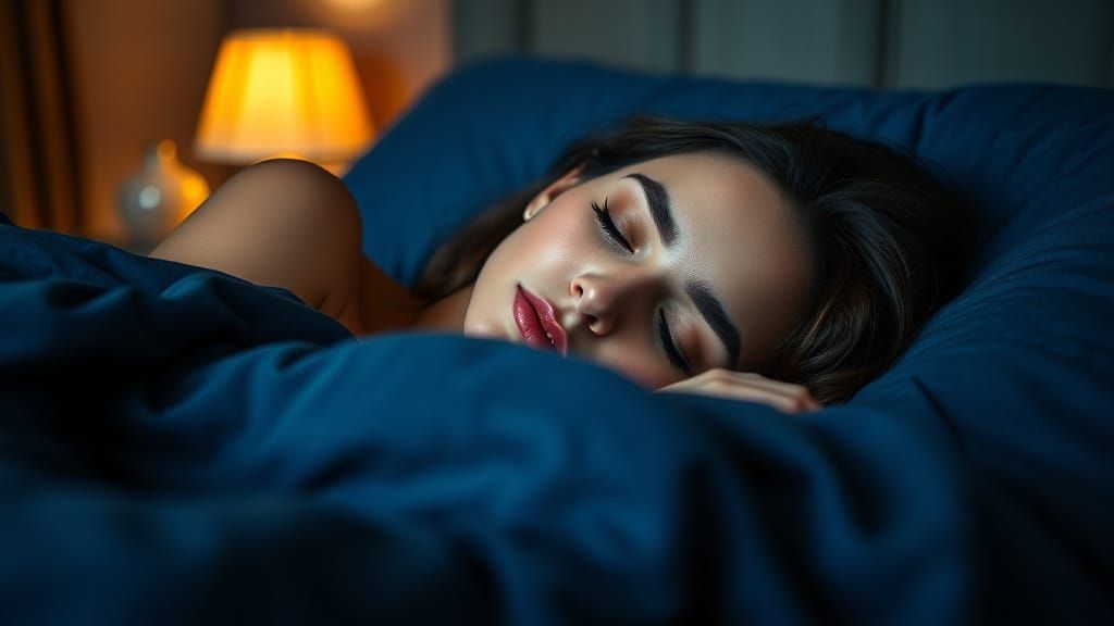 Elegant Woman Slumbers Peacefully Under Midnight Blue Duvet ...