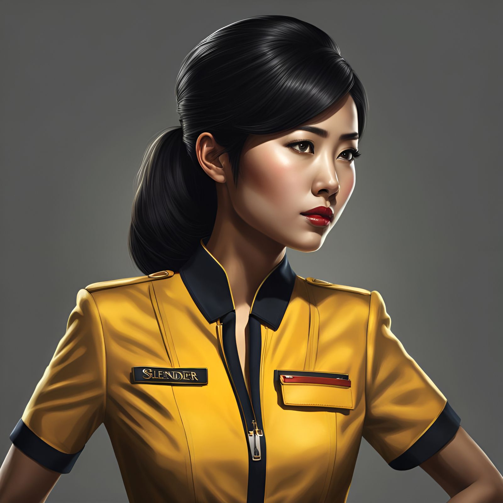 Hyperrealistic Asian Woman in Stewardess Uniform