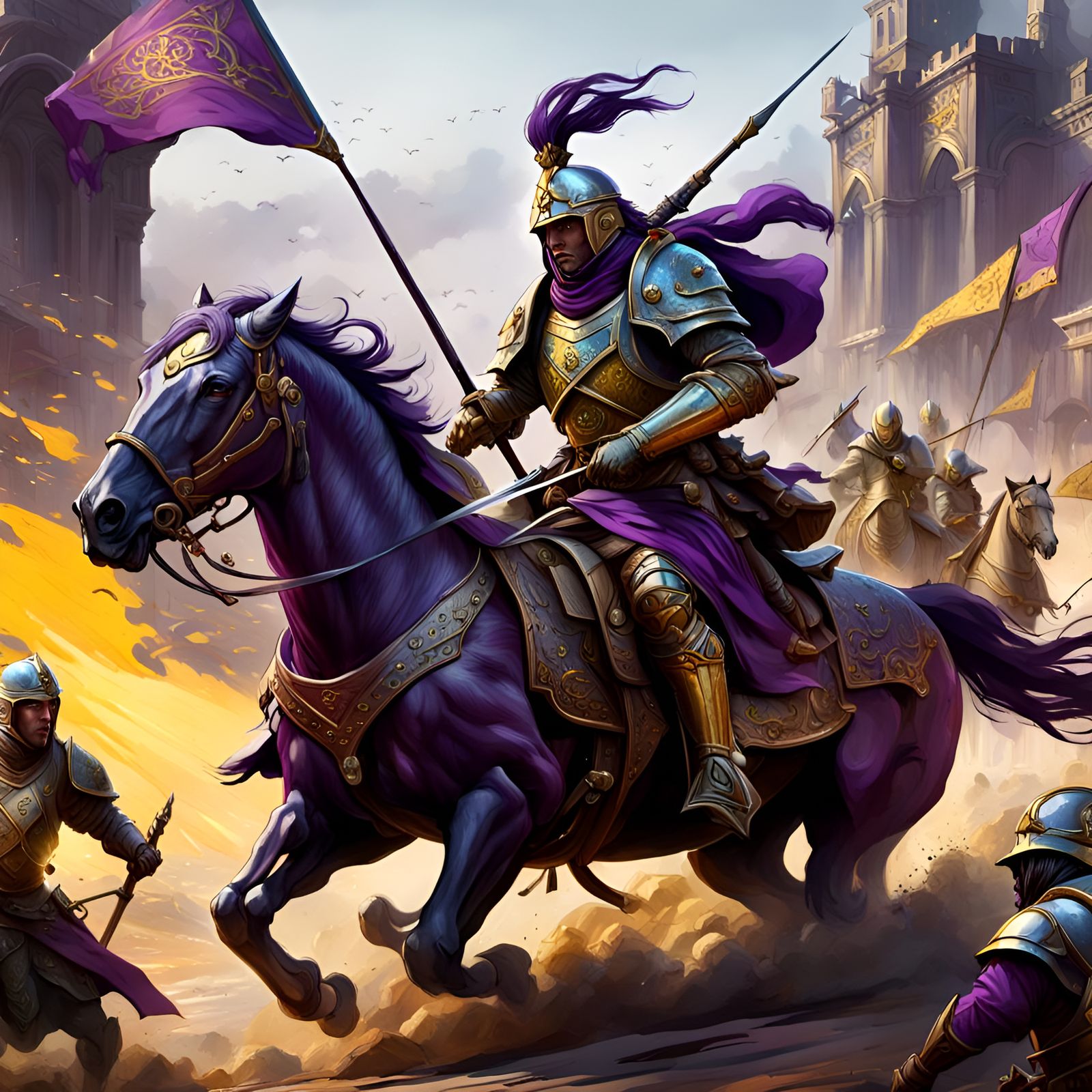 Armored Cavalry Battle Scene in Dark Fantasy Style