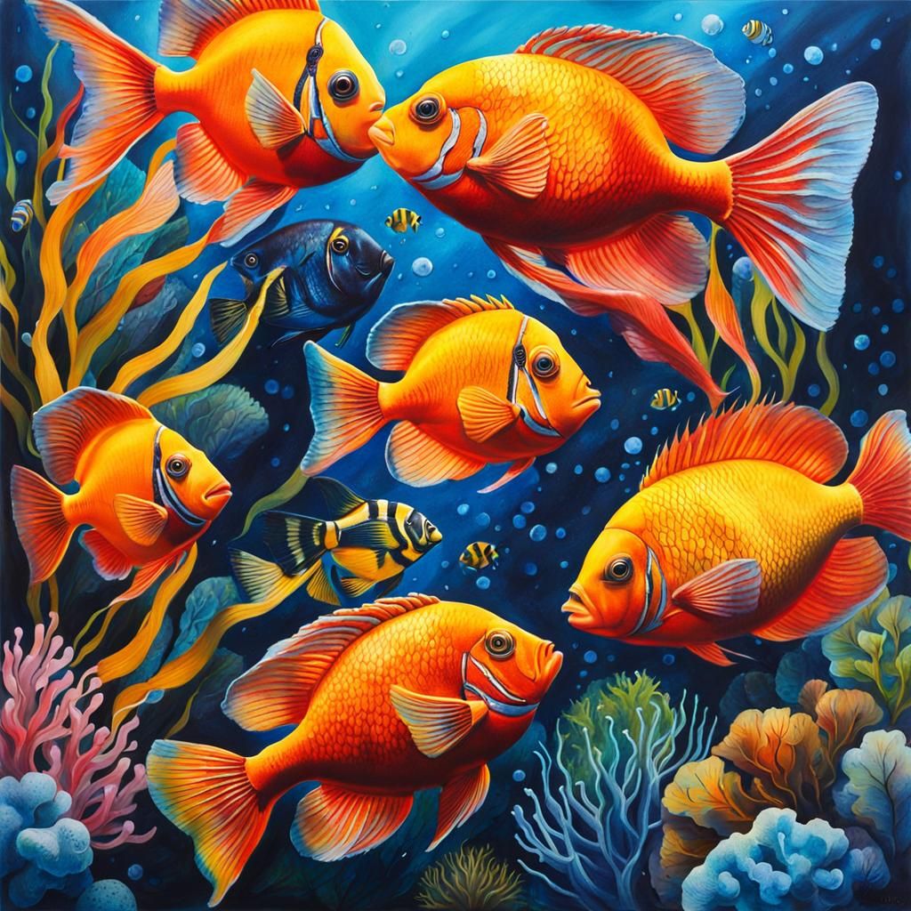 Gouache Painting of Underwater World with Tropical Fish