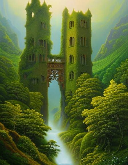 Ethereal Castle Tangled in Vines, Fantasy Art