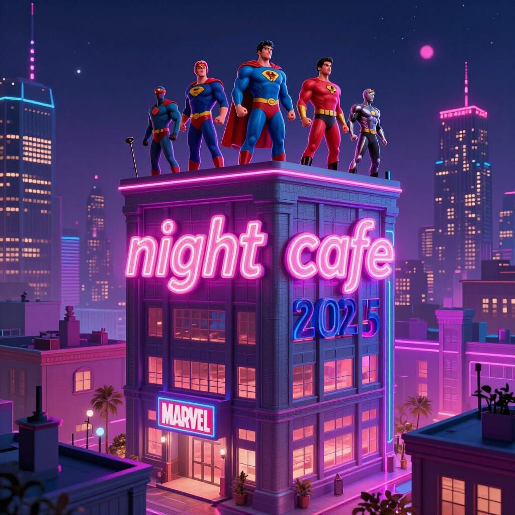 Marvel Superheroes On Night Cafe Building Overlooking City
