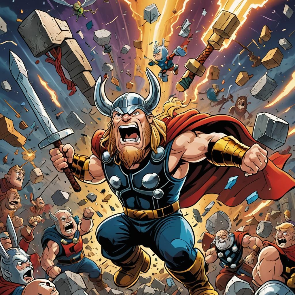Thor vs Family Guy and Bugs Bunny in Cartoon Style