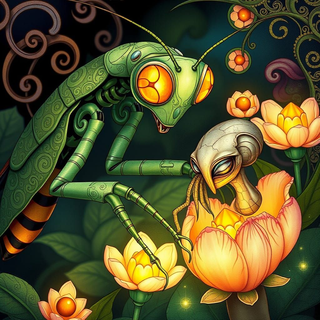 Robot Praying Mantis in Art Nouveau Garden