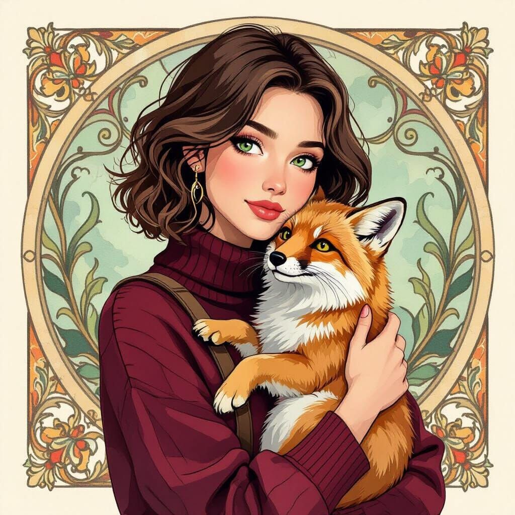 Modern Woman with Fox, Inspired by Art Nouveau