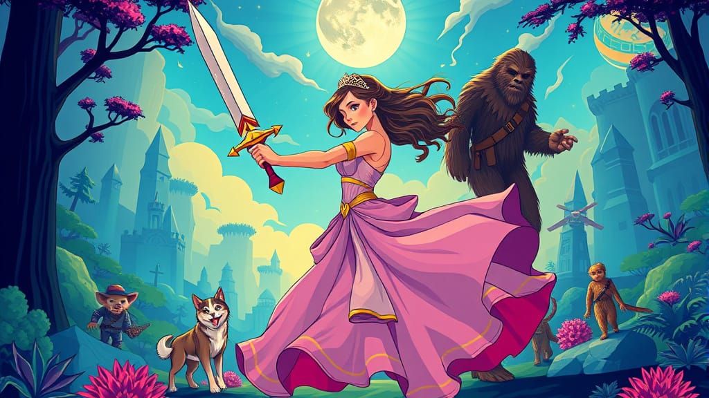 Fantasy Adventure with Princess Warrior in Pop Art