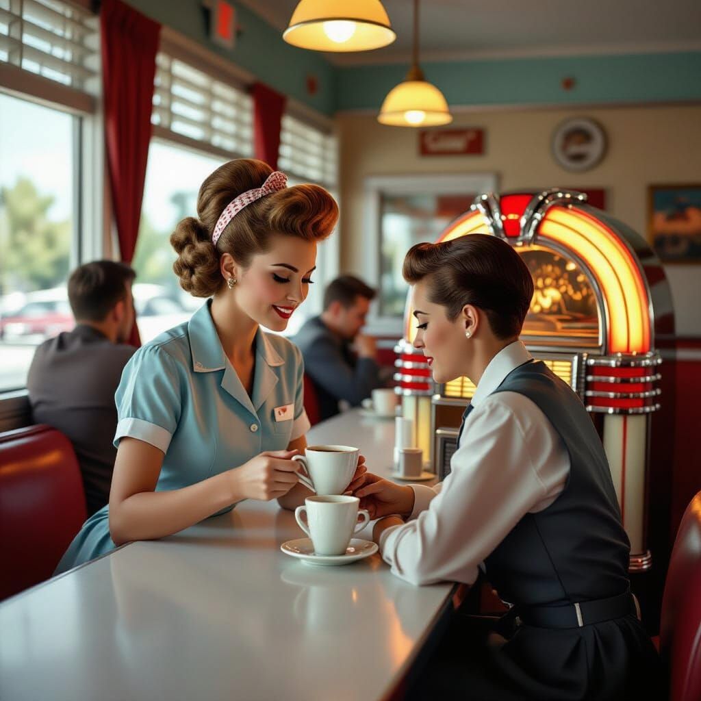 1950s Midwest Diner Scene with Waitress and Jukebox