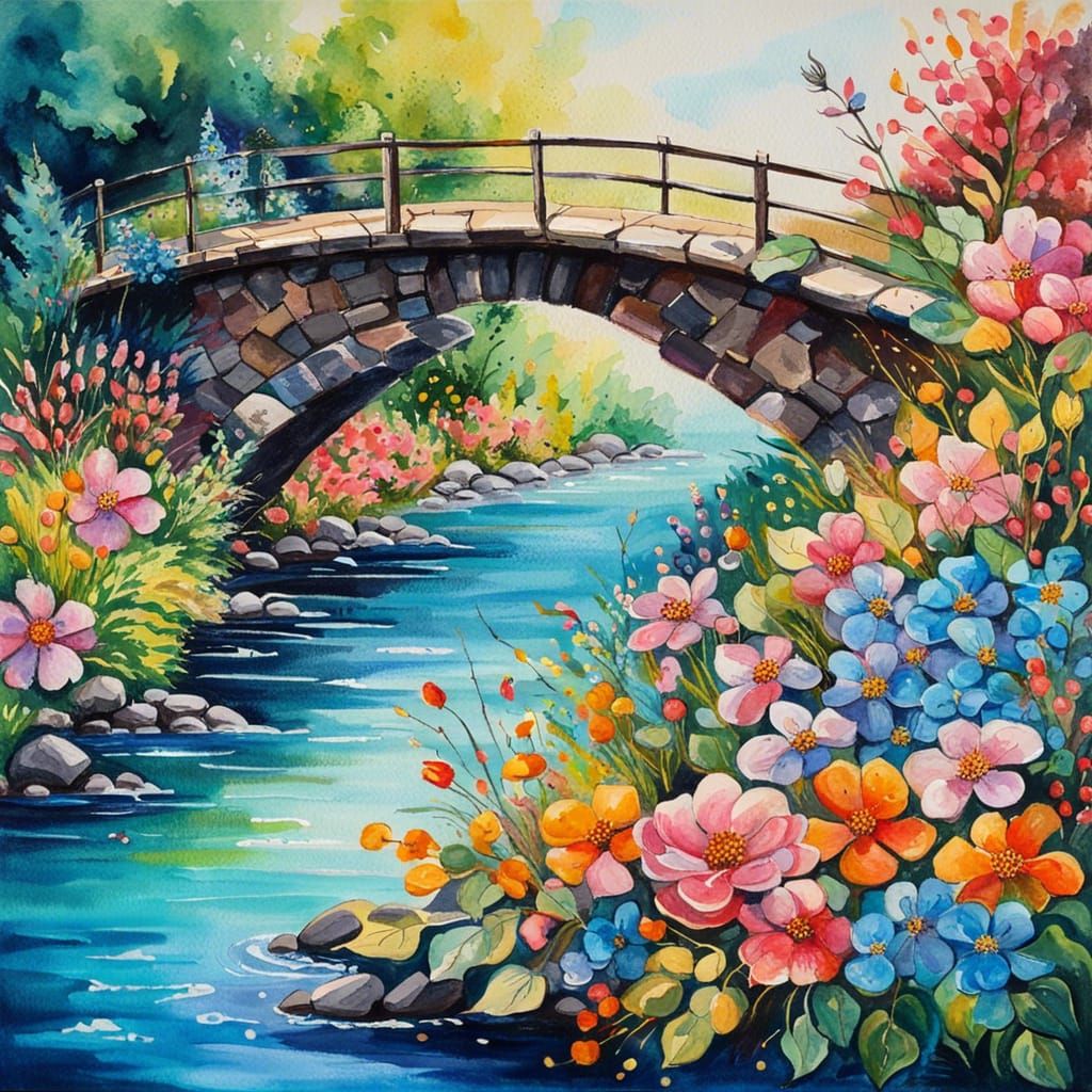 Floral Bridge Over Blue River in Watercolor Style