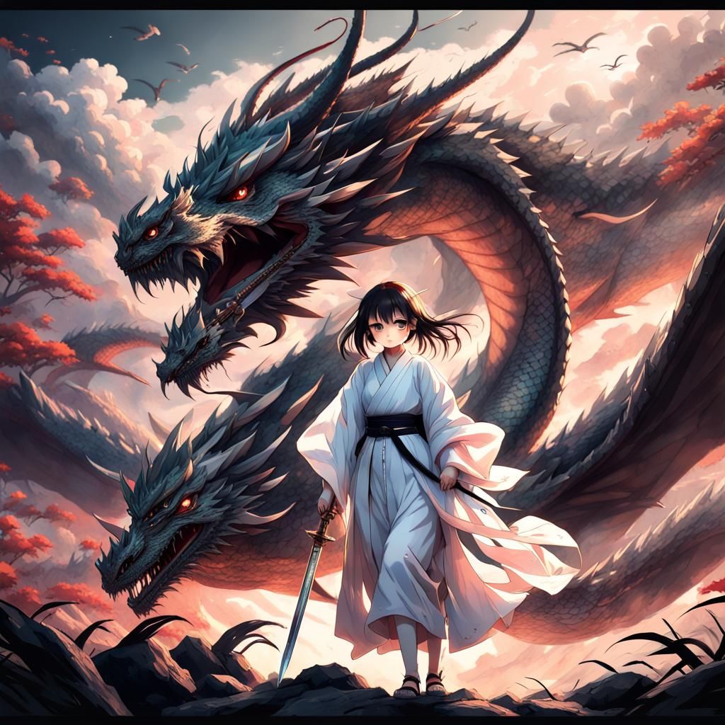 Kimono Girl and Dragon: Anime-Inspired Digital Art