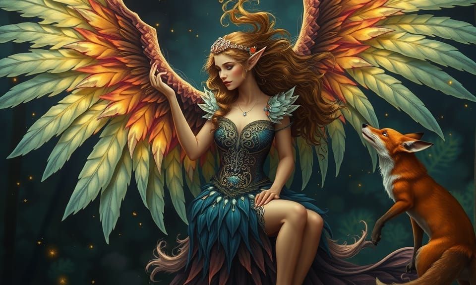 Beautiful Forest Elf and Fox at Night