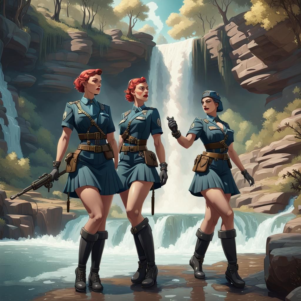 Dieselpunk Maidens Frolic by Lakeside Waterfalls