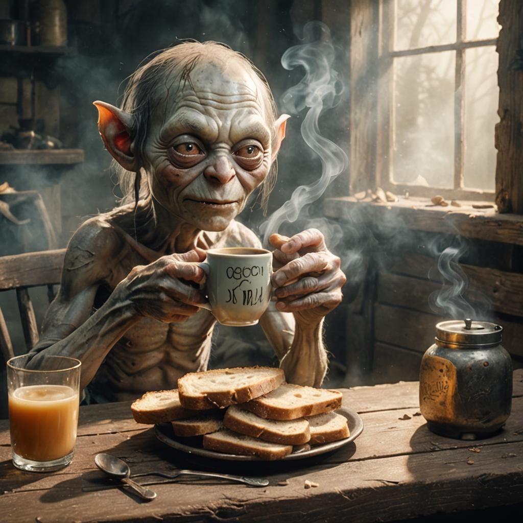 Gollum's Coffee Break in Dark Fantasy Illustration