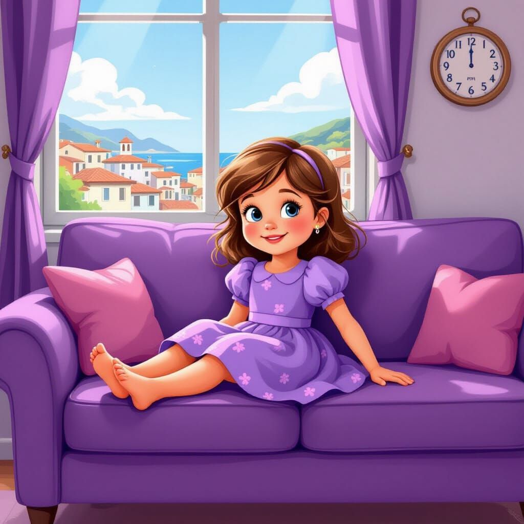 Italian Girl Relaxing on Couch, Cartoon Style