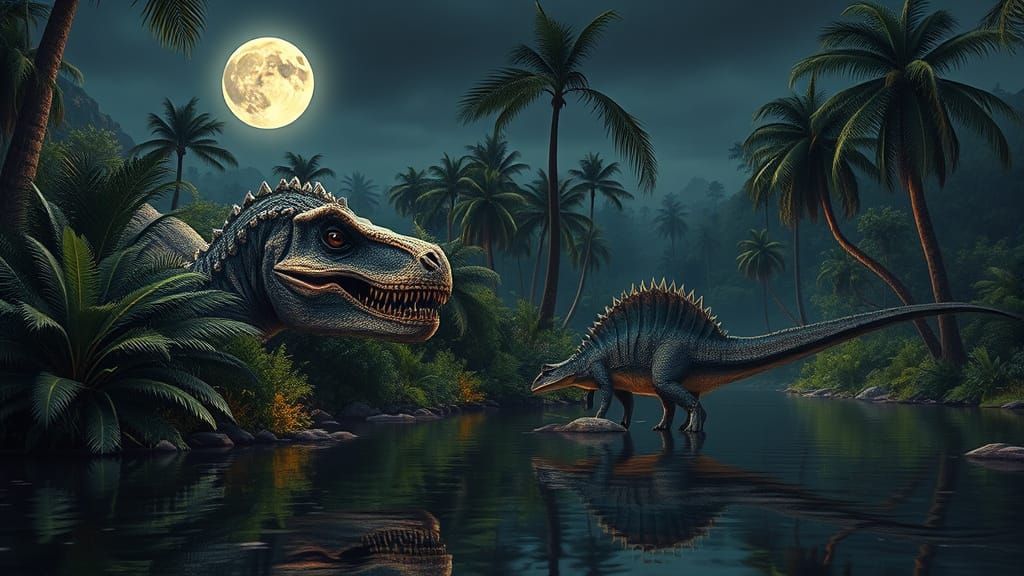 Allosaurus Ambush Under Jurassic Moonlight: Photorealistic 8...