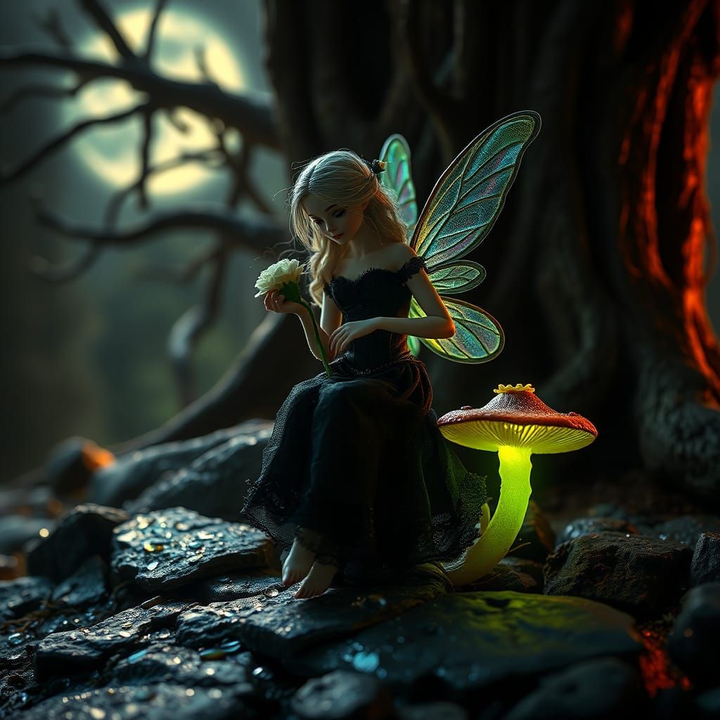 Enchanting Fairy on Mushroom in Misty Forest