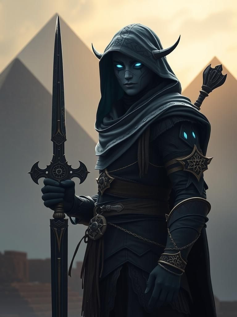 Elven Warrior in Misty Pyramid Landscape