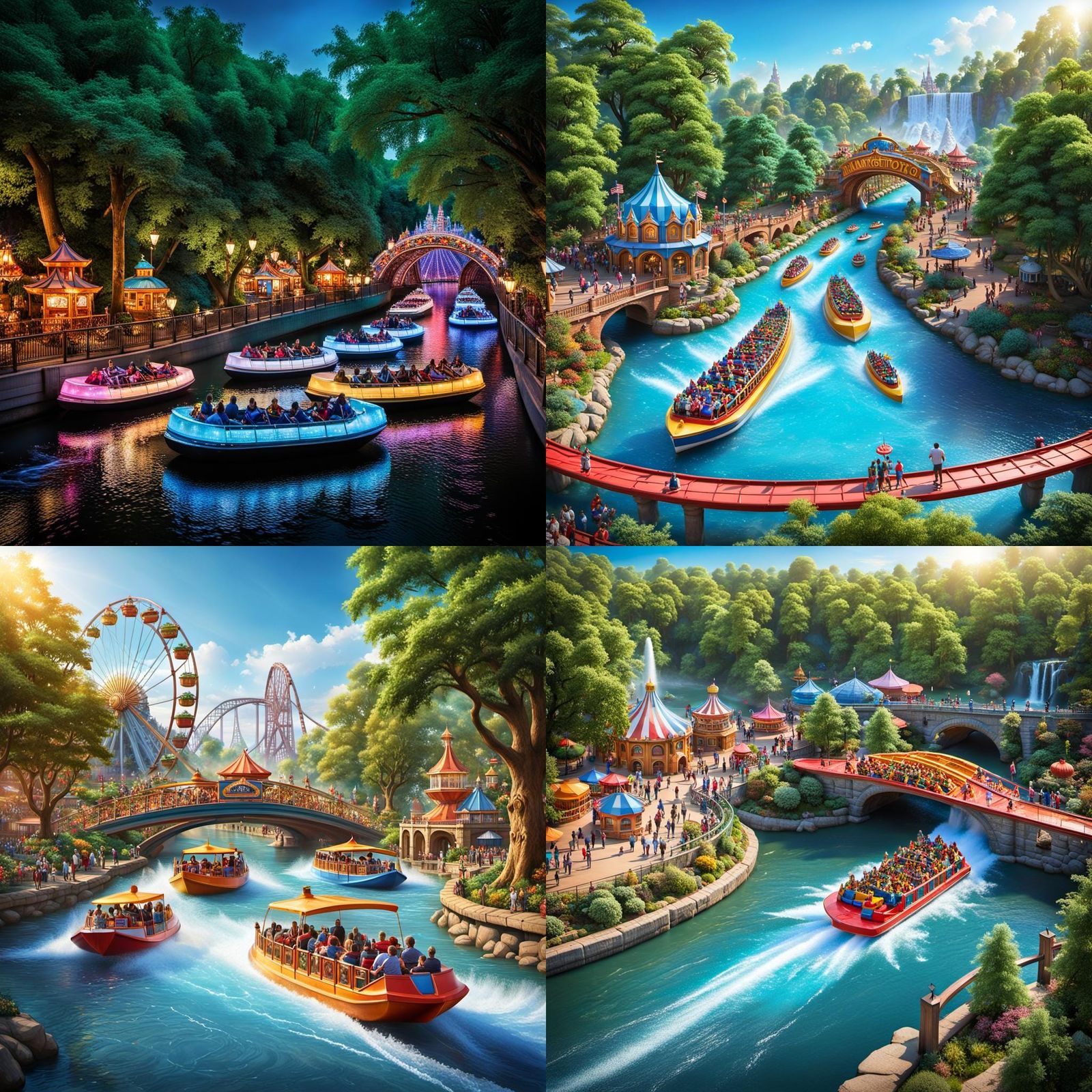 Vibrant Amusement Park River Ride in Detailed Matte Painting