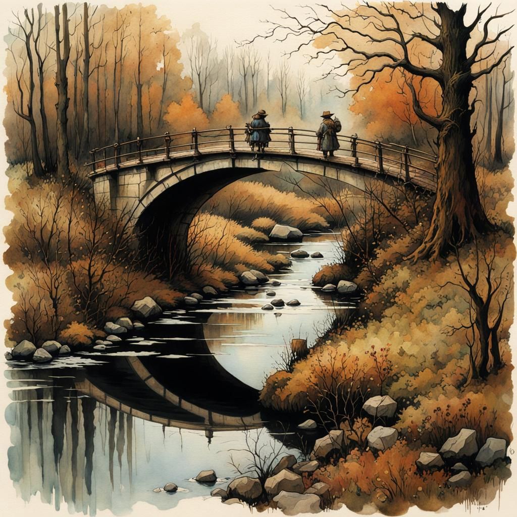 Forest River Landscape with Stone Bridge in Watercolour