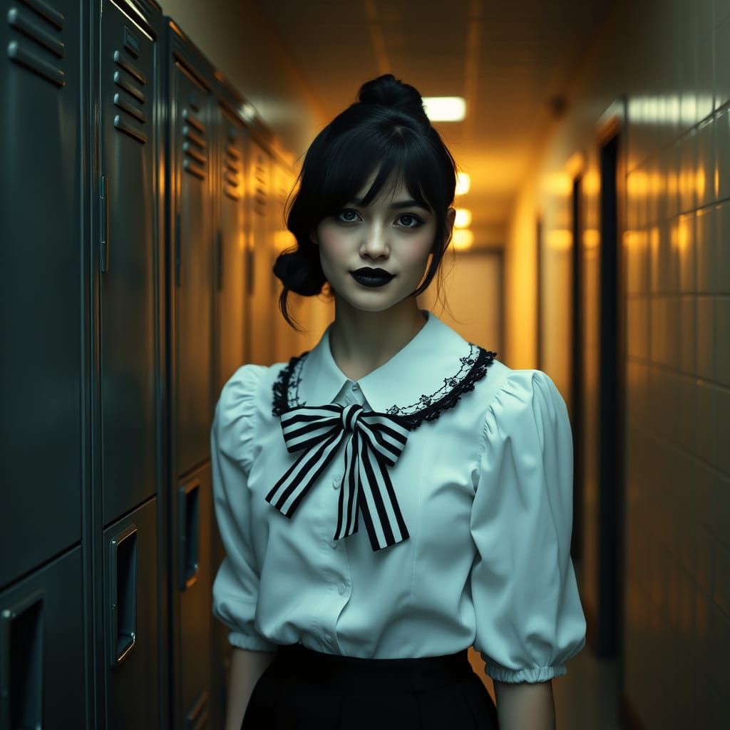 Goth Schoolgirl in Moody School Hallway