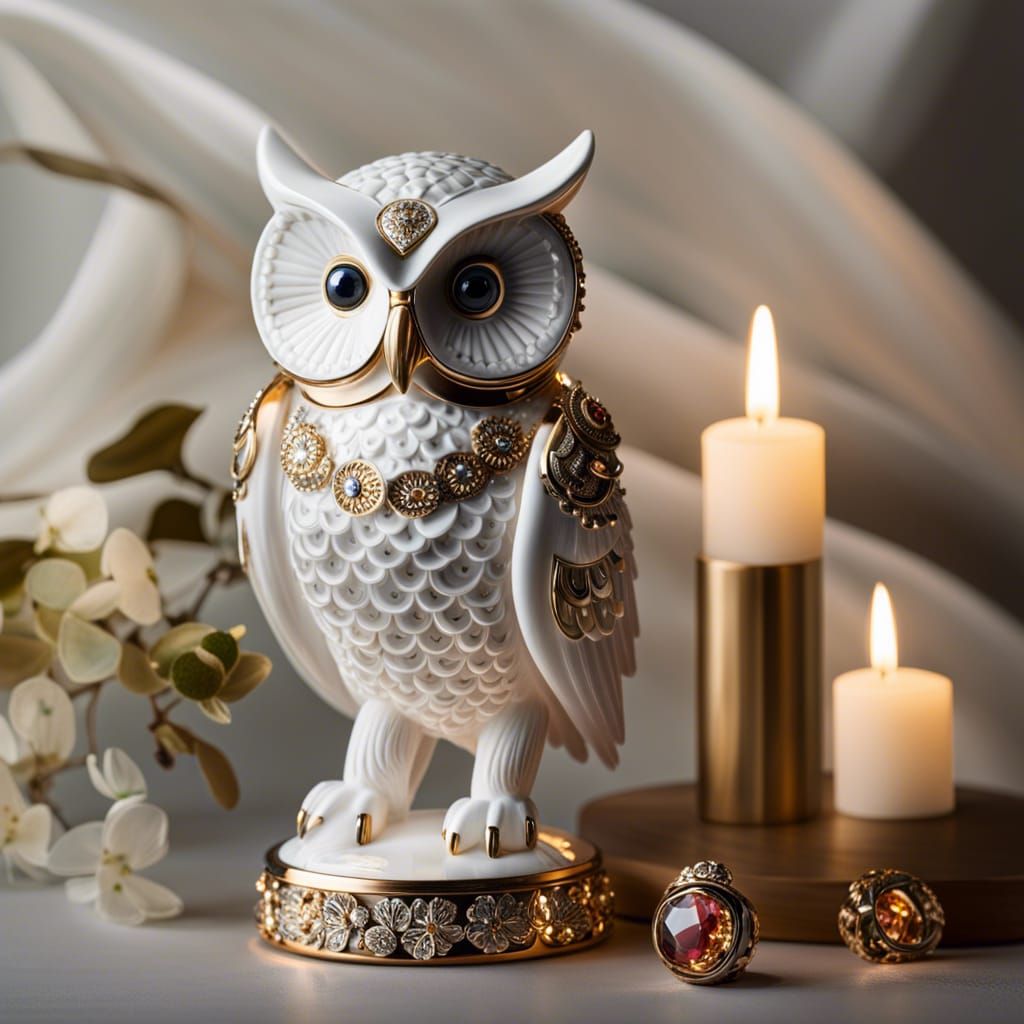 Porcelain Owl with Glistening Jewels in Romantic Lighting