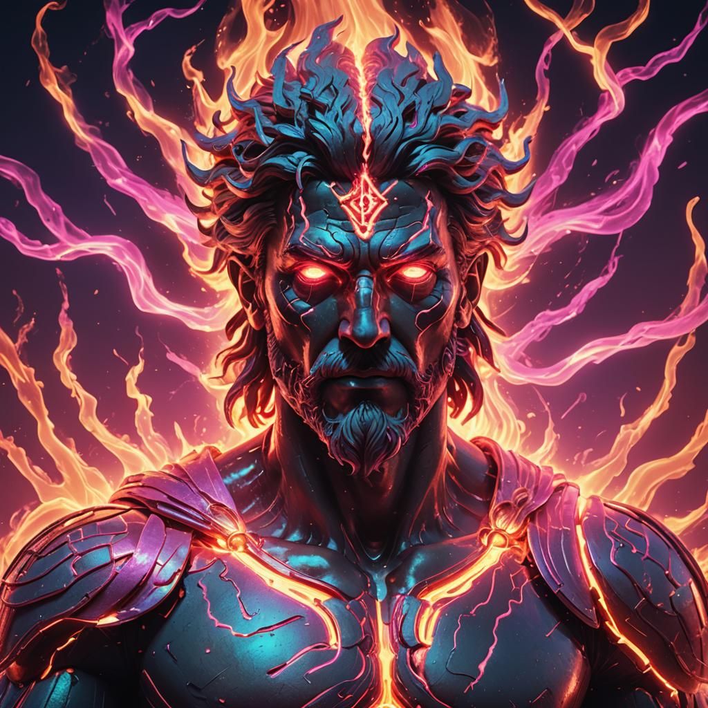 Broken Greek God with Fire Eyes and Neon Aura