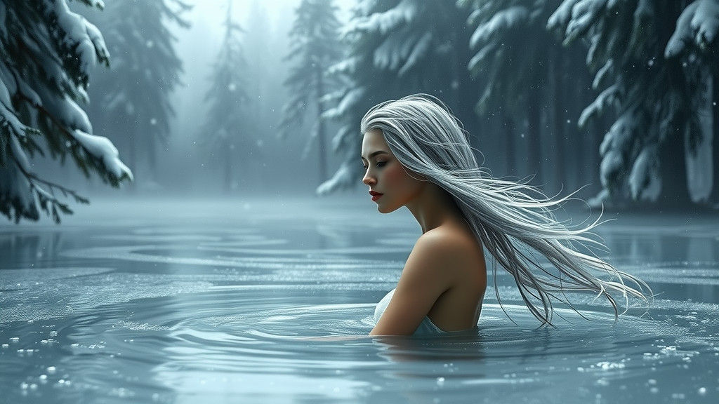 Ethereal Nymph Bathes in Frozen Winter Lake