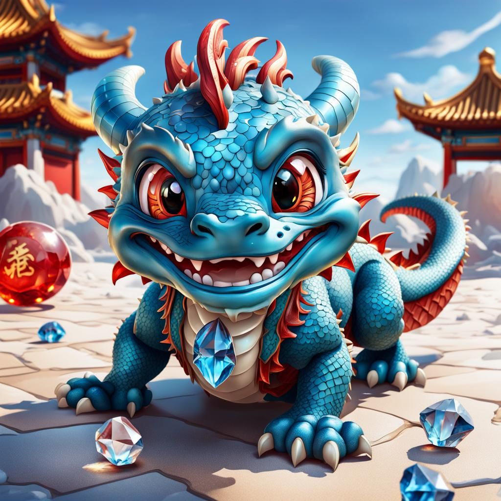 Cute Red Dragon Cub Playing with Crystals