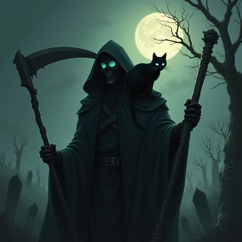 Grim Reaper with Black Cat in Moonlit Graveyard