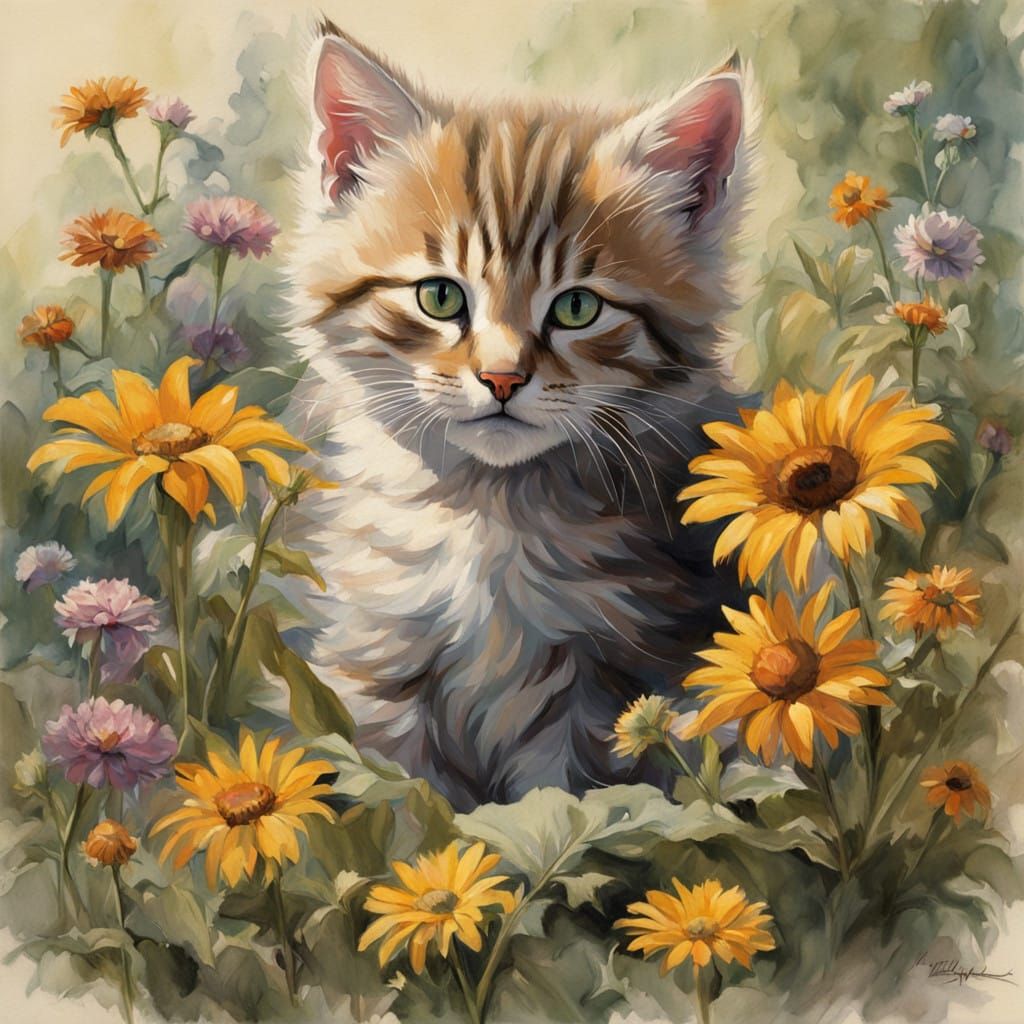 Whimsical Kitten in a Vibrant Flower Garden