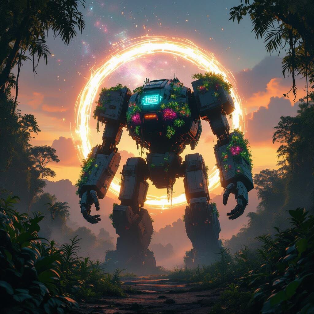 Bioluminescent Mech Guardian Before Ethereal Portal