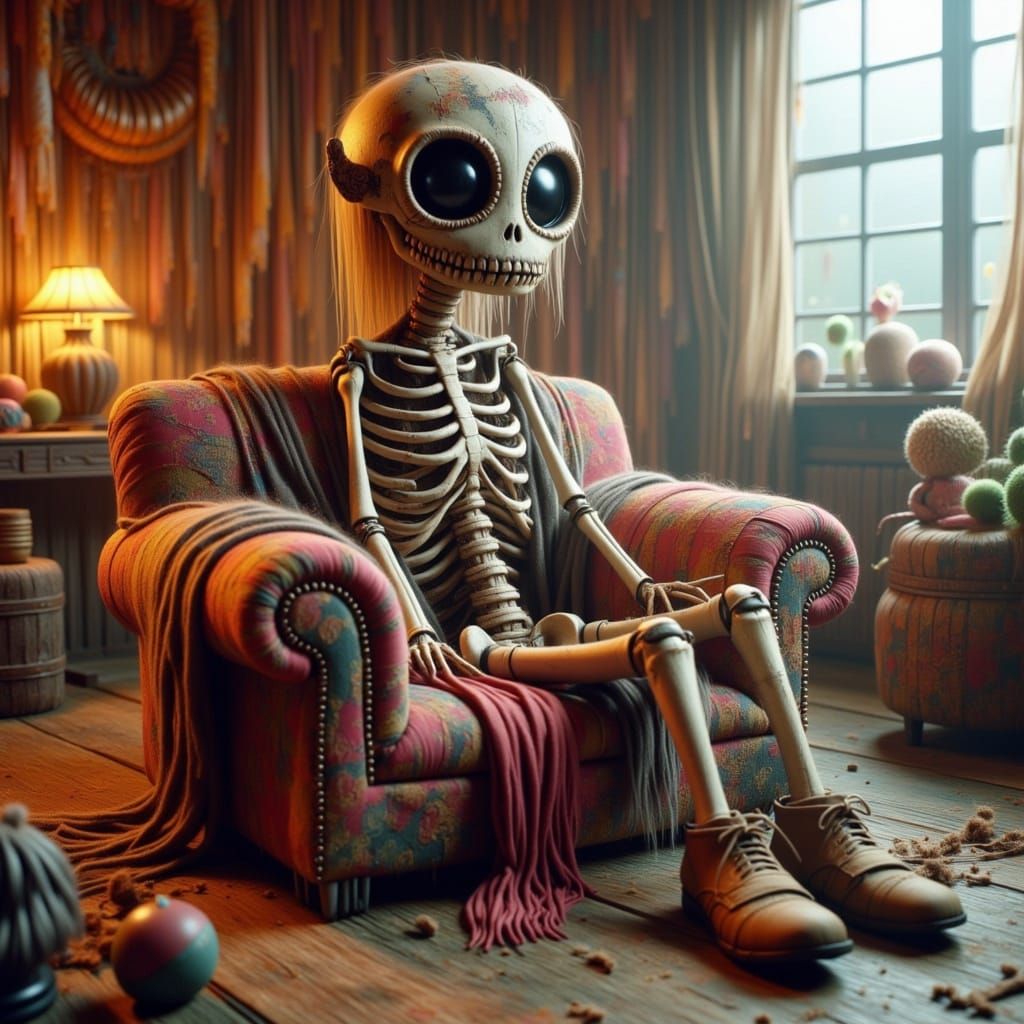 Surreal Skeleton Relaxing on a Couch