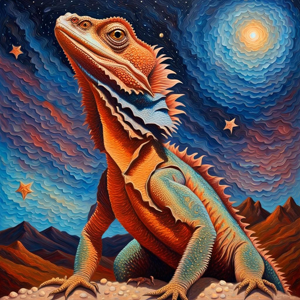 Frilled-Neck Lizard Under Starry Sky: Impasto Oil Painting