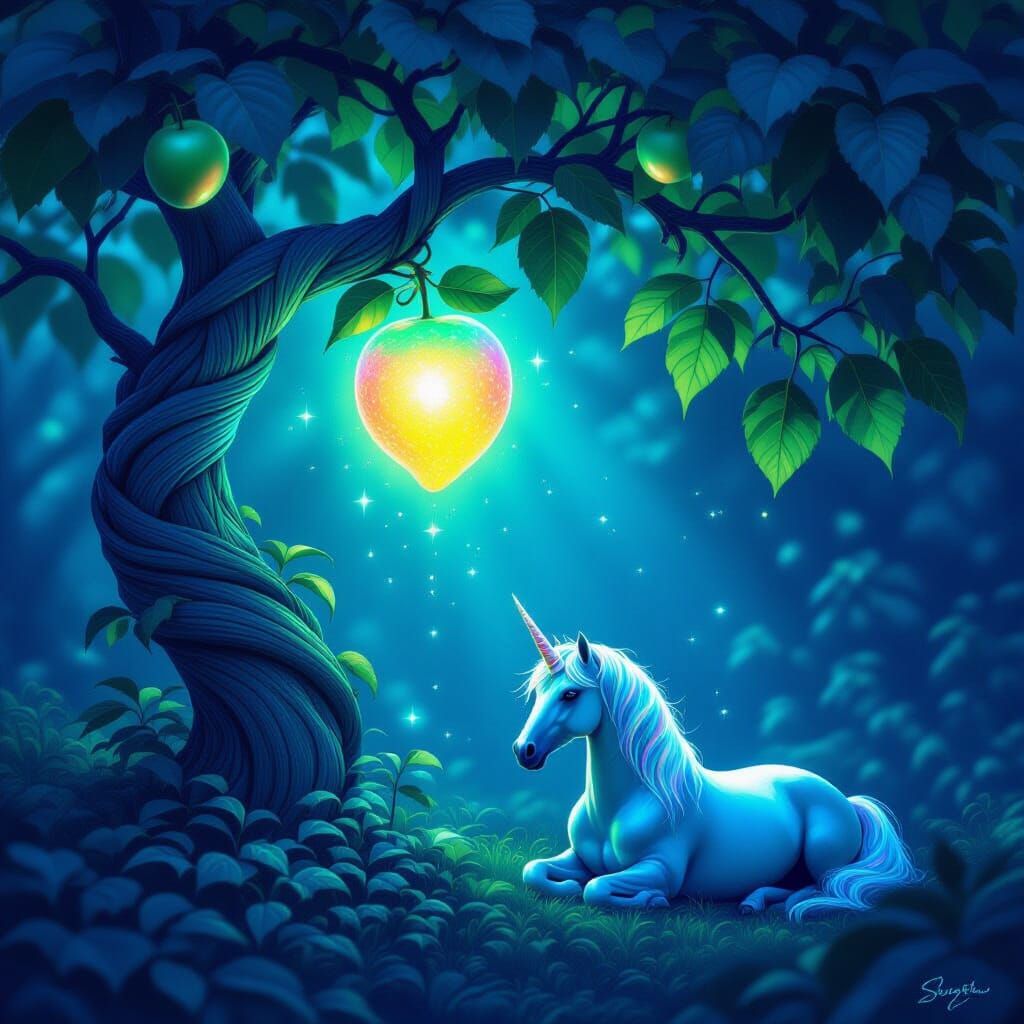 Magical Bioluminescent Fruit on Sapphire Vine with Unicorn