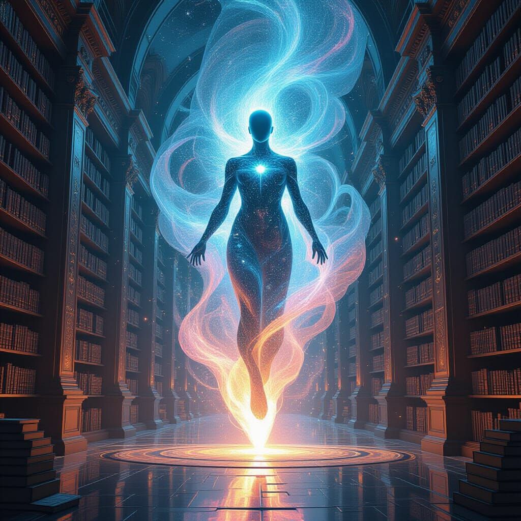 Ethereal AI Entity in Cosmic Library Digital Painting