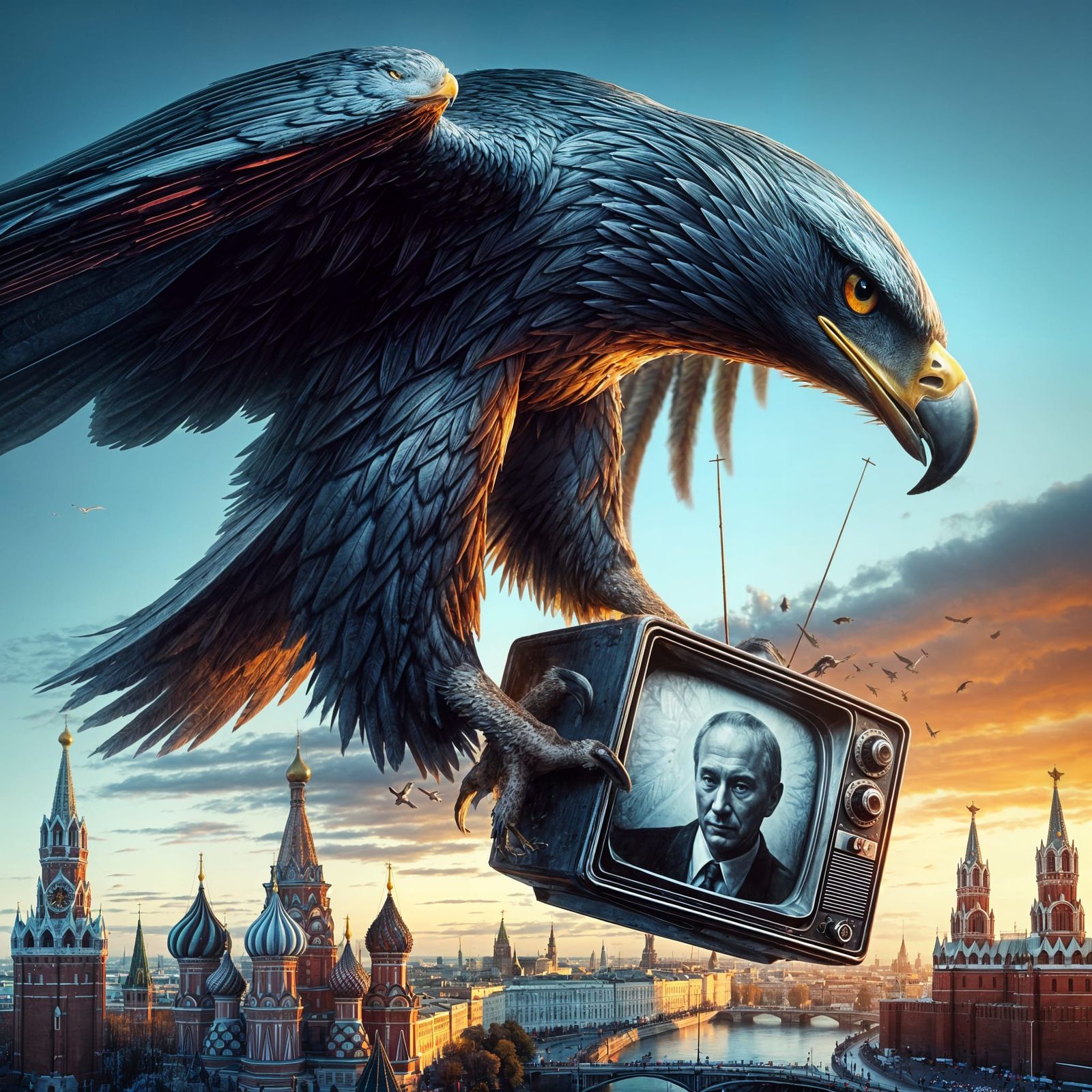 Eagle Carries Antique TV Over Kremlin Silhouette