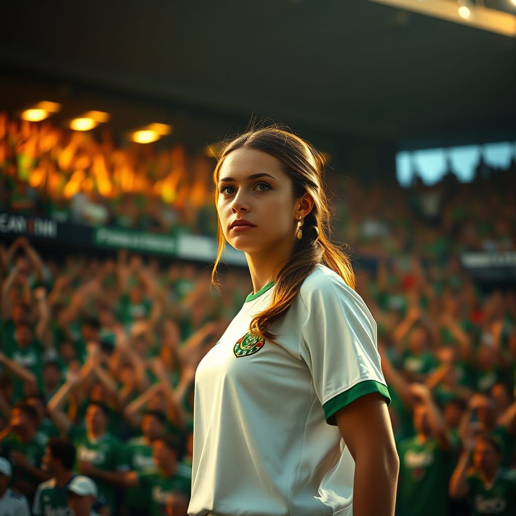 Serious Girl in Football Stadium Chaos