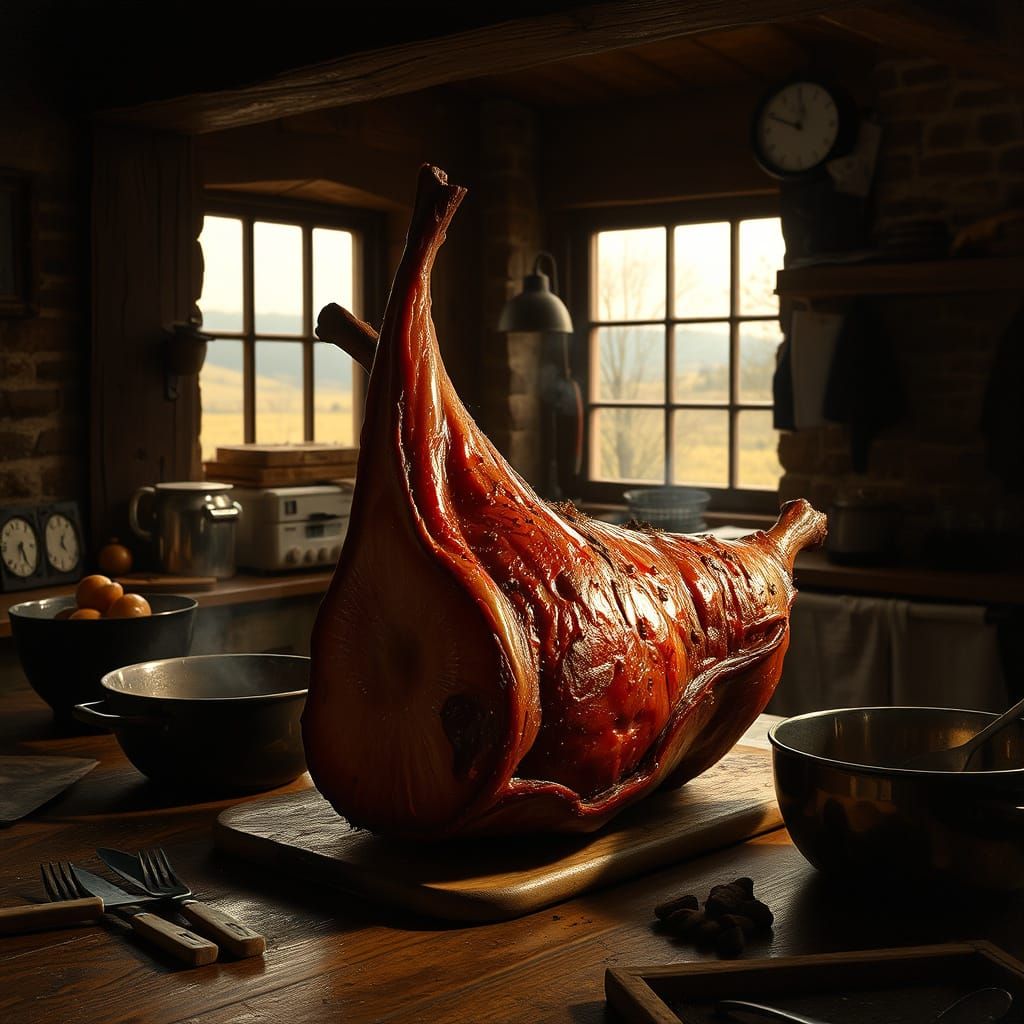 Smoked Ham in Old Kitchen, Dutch Golden Age Style