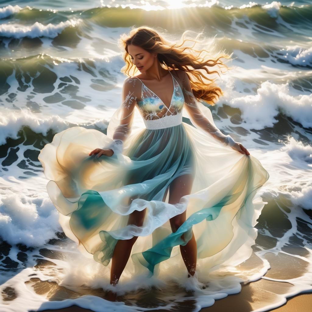 Girl Dancing in Ocean Waves with Sunlight