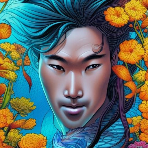 Asian Merman in Comic Book Art Style