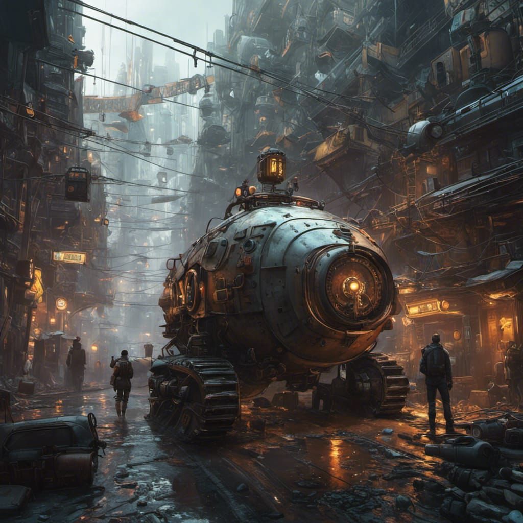 Cyberpunk Submersible in Apocalyptic Cityscape