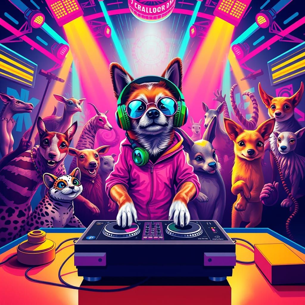 Canine DJ Spins Tracks in Vibrant Night Box