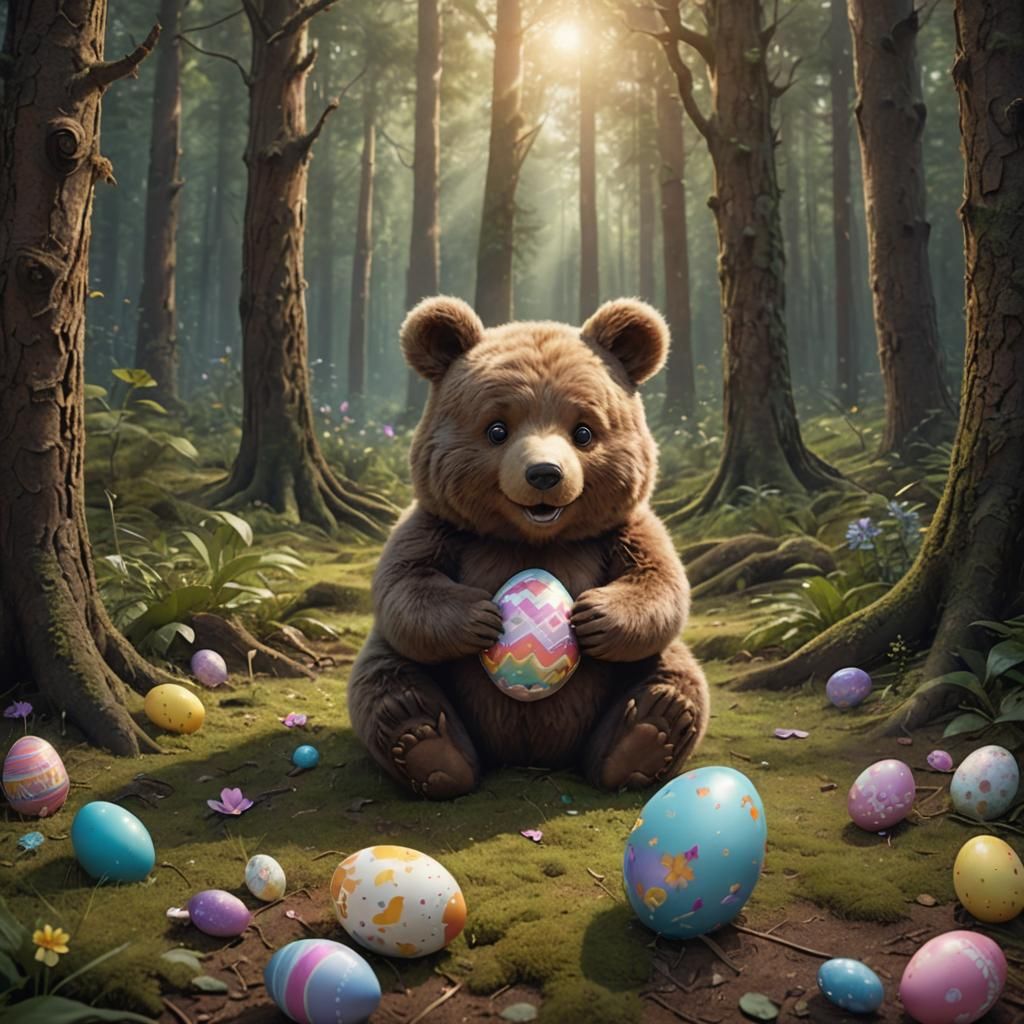 Cute Bear with Easter Egg in Magical Forest